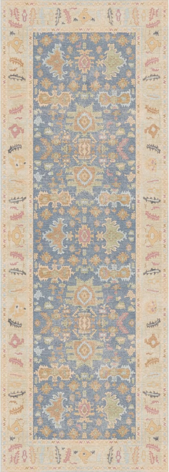 Kuden 2'6"x7' Runner Rug, Machine Washable Area Rug with Non-Slip Backing, Vintage Style, Soft, Easy Clean, Low Pile Rug for Hallway, Entryway, Kitchen, Bedroom