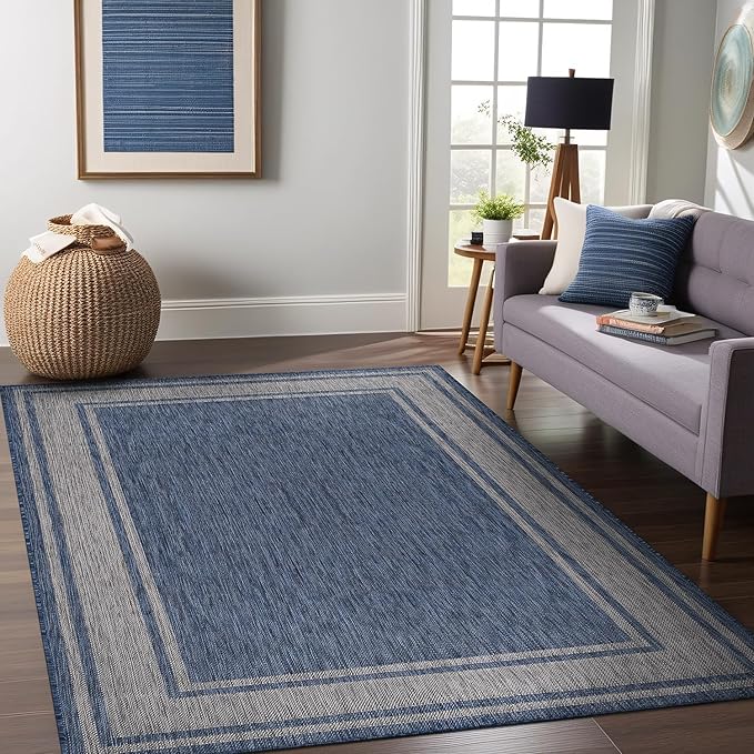 Beverly Rug Outdoor Rug 6x9 Modern Bordered Area Rugs for Indoor and Outdoor Patio Deck Porch Garden Waterproof Weather Sun Resistant Washable Outside Carpet (6 x 9 Navy)