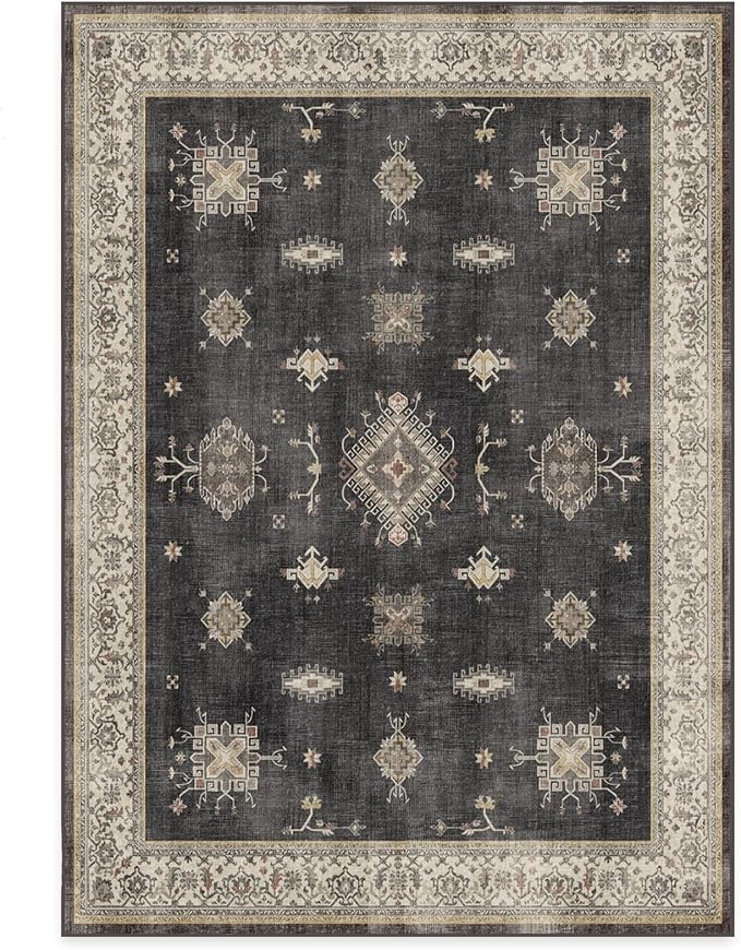 RUGGABLE Washable Vintage Area Rug – Verena Dark Wood 6x9, Stain-Resistant, Non-Slip – Medium Machine Washable Rugs for Living Room, Bedroom, Hallway, Entryway & Office–with Standard Pad