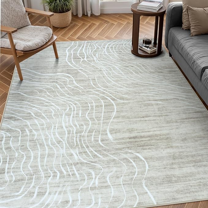 LIVEBOX Machine Washable Modern Abstract 6x9 Area Rug Clearance, Non Slip Large Bedroom Living Room Nursery Girl Rug Minimalist Wave Striped Neutral Boys Rug, Carpet for Playroom(Beige,6'x9')
