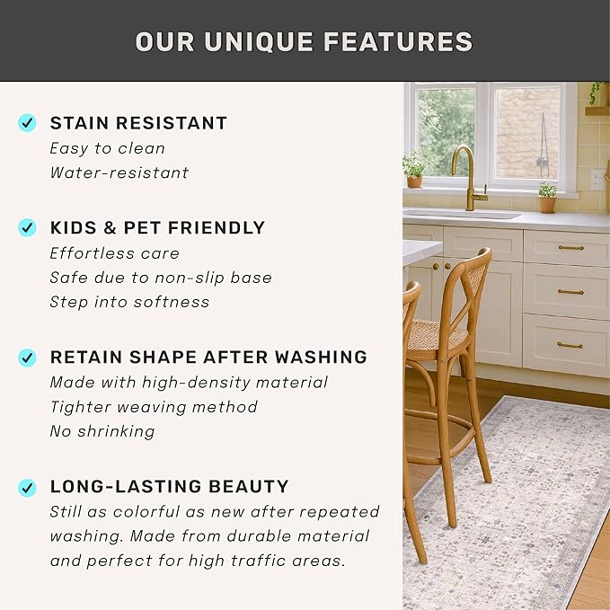 Non Slip Hallway Runner Rug - 2 x 10 Runner Rug, Washable & Waterproof 2x10 Kitchen Floor Mat - Extra Long Light Gray Neutral Farmhouse Boho Design Décor