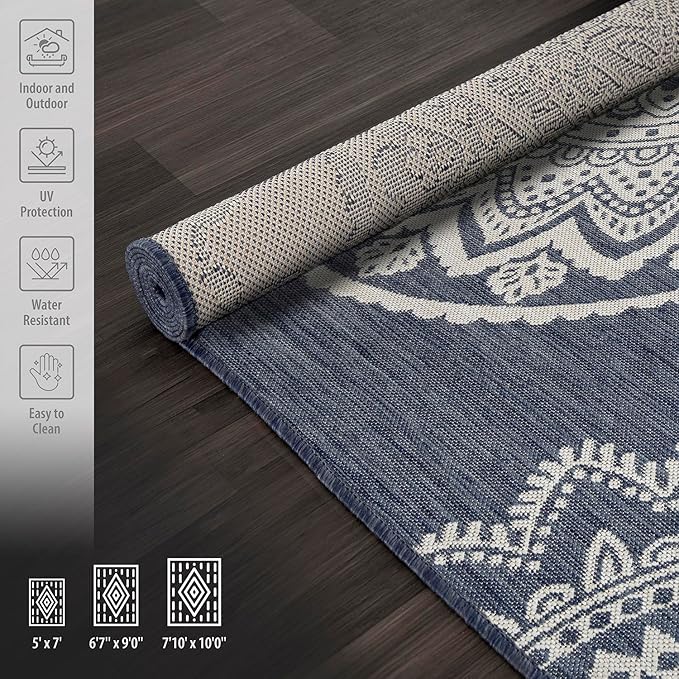 CAMILSON Outdoor Rug 8x10 Modern Area Rugs for Indoor and Outdoor Patios and Porches - Waterproof, Washable, Non-Shedding, Easy-to-Clean Outside Carpet (8 x 10, Medallion - Blue/White)
