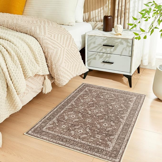 WITSHOCK Washable 2x3 Entryway Area Rug: Soft Non-Slip Backing Washable Rugs Vintage Flower Boho Accent Small Rugs for Bedroom, Kitchen, Bathroom, Nursery Entrance,Dark Brown