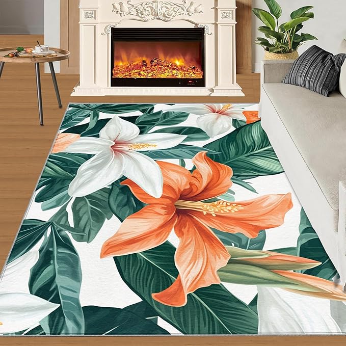 Lily Flowers Rugs for Bedroom - 2x3 Area Rug - Abstract 3D Flowers Rugs for Living Room, Tropical Plants Rug, Washable Home Decor Carpet