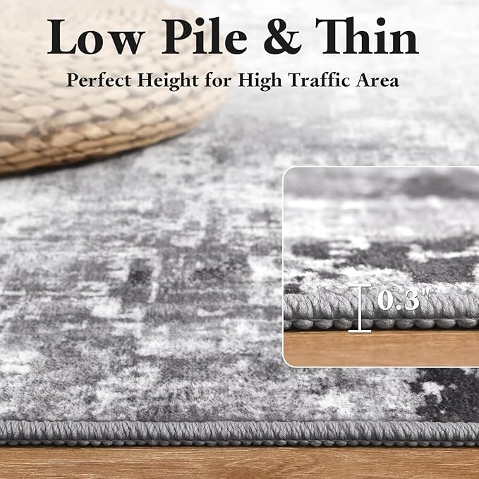 Washable Abstract Rug, 4x6 Modern Area Rugs with Non-Slip Rubber Backed for Living Room, Thin but Soft Contemporary Carpet Kitchen Bedroom Decor, Dark Grey