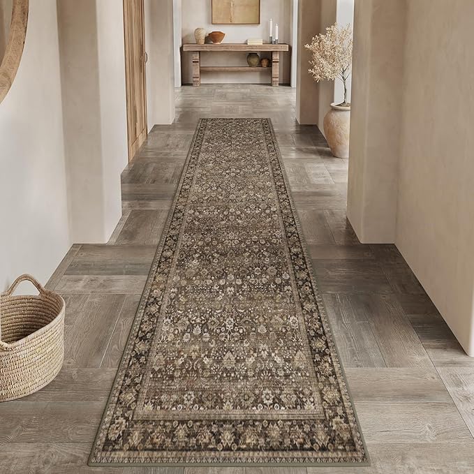 HUGEAR 3x8 Runner Rug Machine Washable Brown Hallway Area Rug Indoor Accent Rugs Floral Low Pile Carpet Soft Throw Rugs Bedroom Living Room Office Dining Kitchen Laundry Non Slip