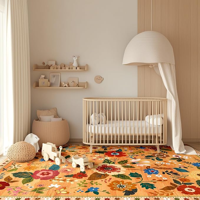 Floral 3x5 Area Rug Machine Washable Soft Print Boho Carpet Non Slip Doormat Low Pile Flower Area Rugs for Living Room Bedroom Nursery Kitchen Dining Room Indoor-Yellow/Orange