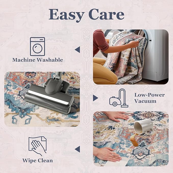 Boho Rugs for Bedroom Girls Playroom, Distressed Medallion Printed 8x10 Rugs for Living Room Kids Room Nursery, Washable Non Slip Low Pile Thin Soft Carpet Rugs Dining Room, Blue/Pale Salmon
