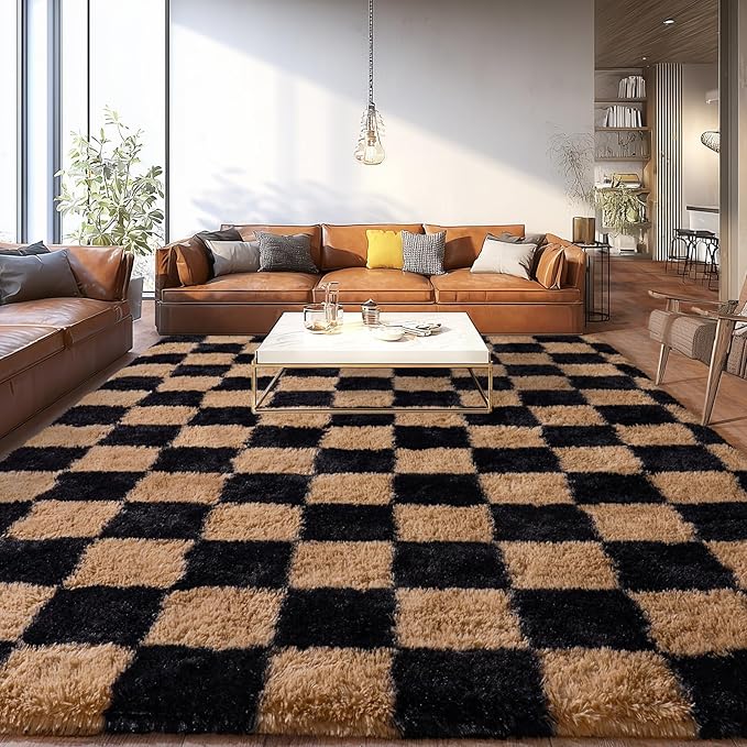 Extra Large Plush Rug High Pile Fluffy Rug for Living Room, Big Plush Non-Skid Shag Carpet, Soft Shaggy Rugs for Bedroom Indoor Modern Home Decor Grid 9x12ft