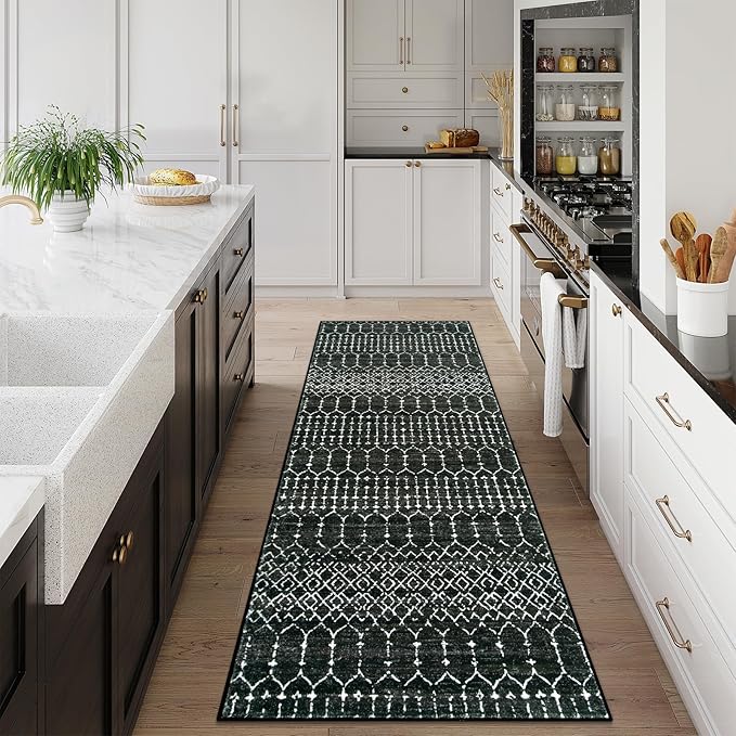 Lahome Moroccan Runner Rugs for Hallway 2x10, Long Kitchen Rugs Runner Washable Ultra-Thin Non Slip Carpet, Soft Modern Geometric Print Carpet for Entryway Stair (Black, 2'x10')