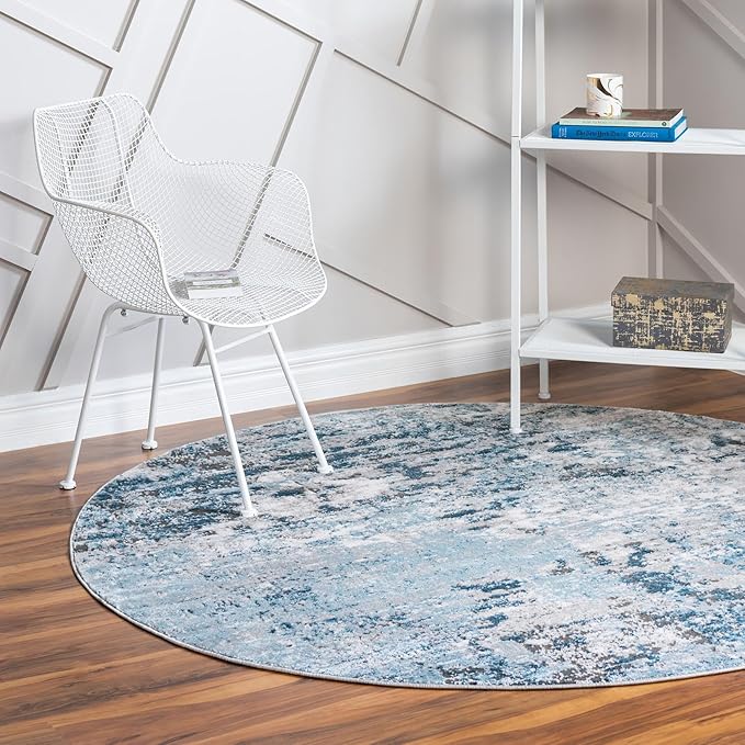 Rugs.com Leipzig Collection Rug – 8 Ft Round Blue Low-Pile Rug Perfect for Kitchens, Dining Rooms