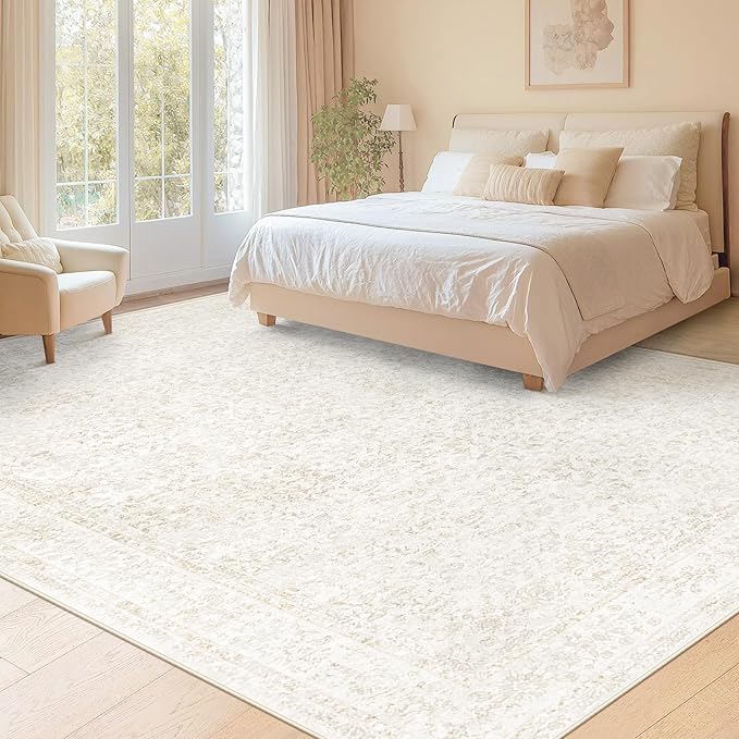 9x12 Area Rugs for Living Room: Washable Large Vintage Floral Rug Low Pile Non-Slip Boho Carpet for Bedroom Dining Home Office (Floral Beige, 9'x12')