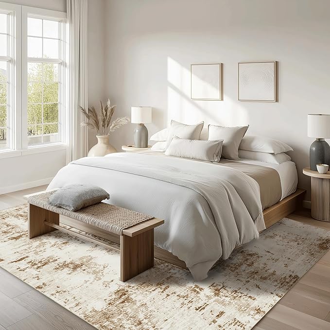 FMFUNCTEX 6x9 Washable Area Rug Brown Beige Neutral Abstract Modern Large Non Slip Carpet for Living Room Bedroom Soft Low Pile Indoor Mat Contemporary Throw Rug for Dining Kitchen Office Nursery