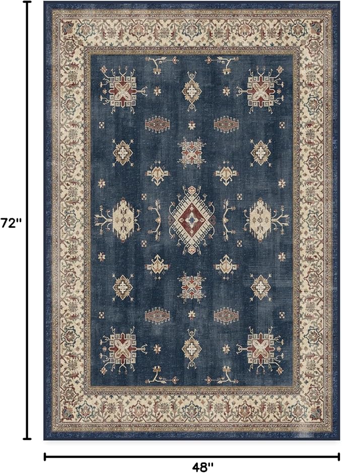 RUGGABLE Washable Vintage Area Rug – Verena Sapphire 4x6, Stain-Resistant, Non-Slip – Medium Machine Washable Rugs for Living Room, Bedroom, Hallway, Entryway & Office–with Cushioned Pad