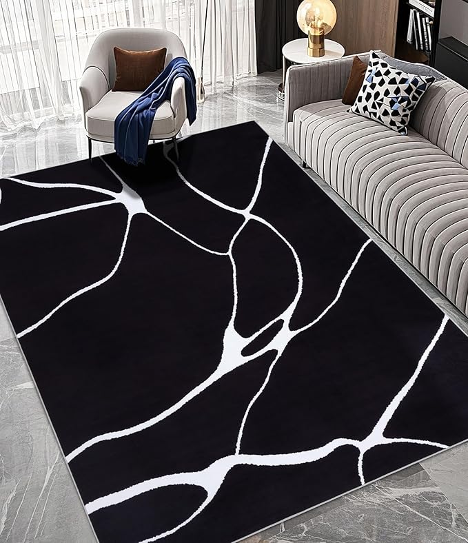 YIHOUSE Modern Washable Area Rug for Living Room Bedroom - Large Abstract Black and White Rug Non-Slip Ultra-Thin Home Decor (Dark Warping, 6'x9'ft)