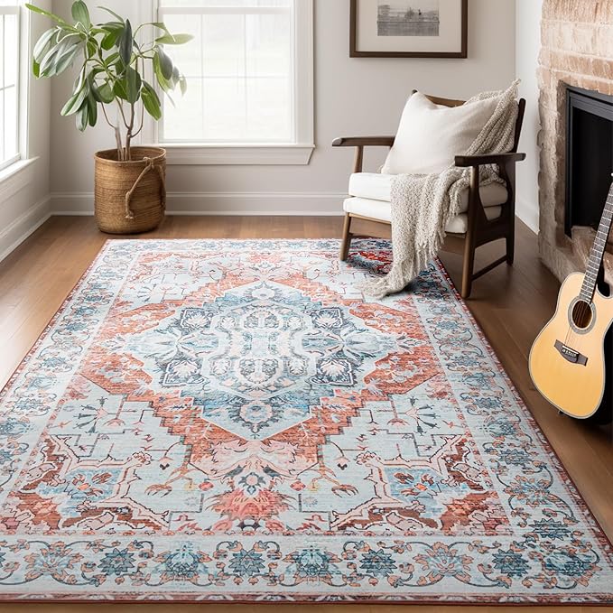 8x10 Area Rugs for Living Room, Machine Washable Non-Slip Low Pile Faux Wool Boho Vintage Carpet, Non-Shedding Large Rug for Bedroom Dining Room Office, Pastel Orange