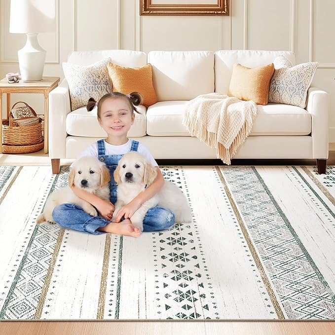 BESTSWEETIE 6x9 Area Rugs for Living Room Washable Moroccan Farmhouse Neutral Geometric Low Pile Non-Slip Soft Print Pattern Rug for Bedroom Kitchen Dining Room Entryway Green/Brown/Brown