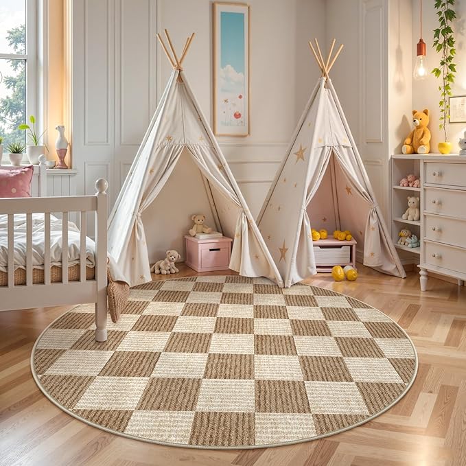 LIVEBOX Checkered Round Rug 4 Ft Washable Area Rug for Playroom, Kids Non-Slip Neutral Classic Circle Rug Geometric Large Carpet Soft Boys Rug for Classroom Dorm Bedroom(Brown,120R)
