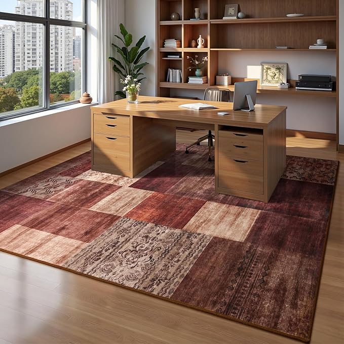 DweIke Large Modern Washable Area Rugs 8x10, Living Room Rug Non-Slip and Non-Shedding Large Rugs for Bedroom, Low Pile Indoor Rubber Backed Carpets for Dining Office Home Decor, Red