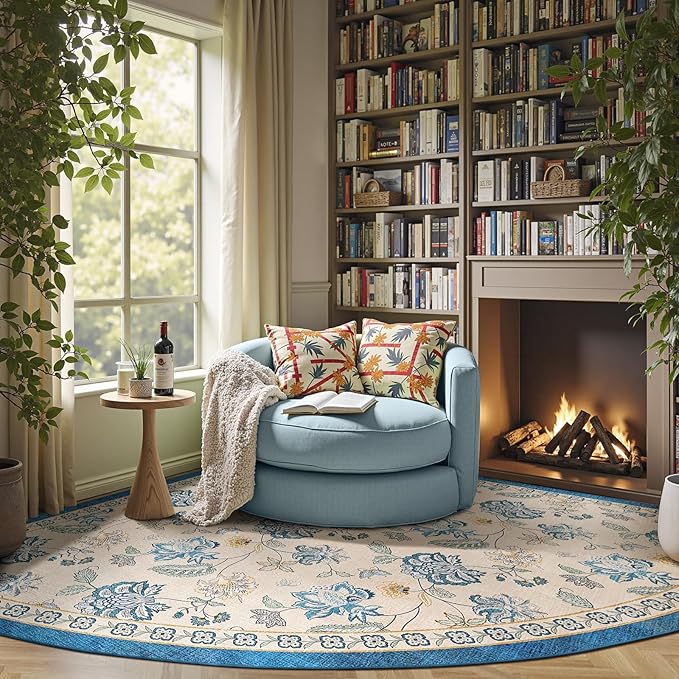 jinchan Elora Floral Corner Rug for Living Room Washable Bedroom Rug Vintage Romance Design Non Slip Quarter Circle Lightweight Low-Pile Throw Carpet for Reading Nook Playroom, 8ft Radius, Blue/Beige
