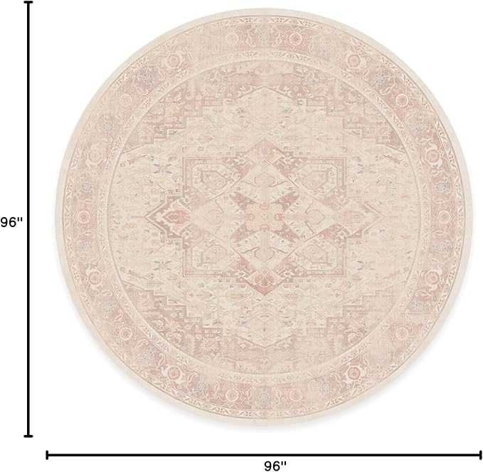 RUGGABLE Washable Area Rug – Kamran Soft Pink 8 ft Round, Stain-Resistant, Non-Slip – Large Machine Washable Rugs for Living Room, Bedroom, Hallway, Entryway & Office–with Standard Pad