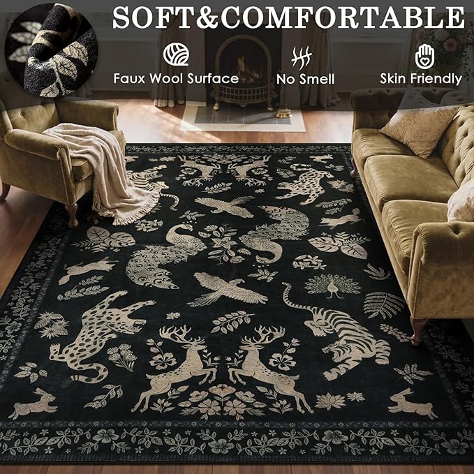 Moynesa Vintage Animal Washable Area Rugs 8x10, Retro Black Gold Area Rug for Living Room Bedroom Dining Room Office Study, Low Pile Soft Non Slip Stain-Resistant Carpets for Home Decor