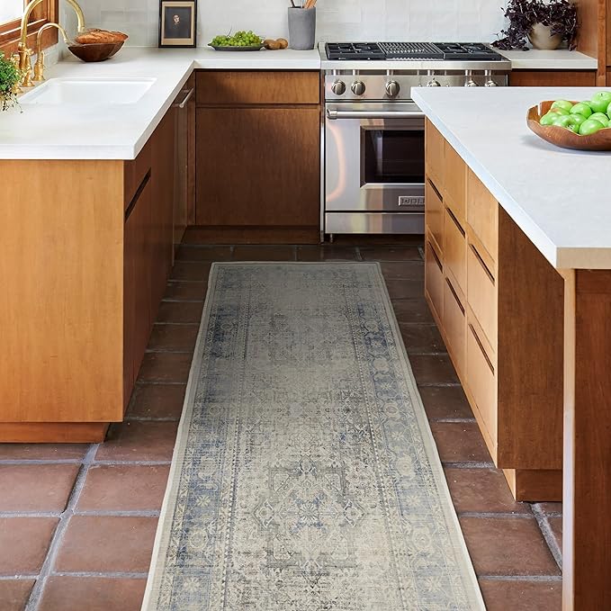 RUGGABLE Washable Vintage Runner Rug – Kamran Blue Quartz 2.5x7, Stain-Resistant, Non-Slip Hallway Runner – Machine Washable Rug for Hallway, Entryway, Living Room & Kitchen–with Standard Pad