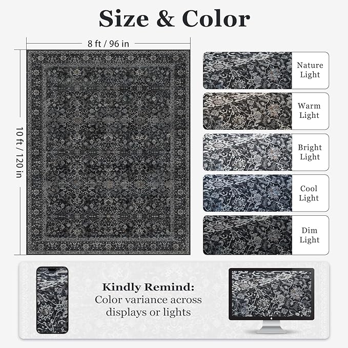 Vintage Charcoal 8x10 Area Rugs for Living Room, Retro Dark Earth Tone Carpet Rug for Bedroom Dining Room, Low Pile Thin Washable Non Slip Room Rug for Home Office Family Room