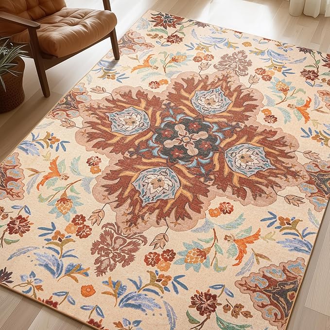 Phantoscope Washable Area Rug 6'x9' Non-Slip, Vintage Boho Rugs for Living Room, Bedroom, Dining Room, Fall Orange Floral Medallion Pattern, Low-Pile Foldable Floor Carpet, Rust/Multi Floral