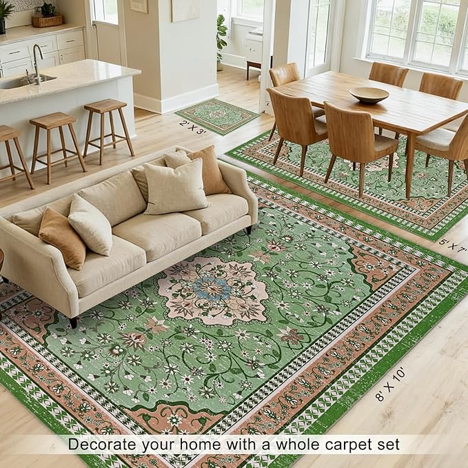 2' x 3' Green Washable Area Rugs, Non-Slip Entryway Rug, Boho Low Pile Door Mat Indoor Entrance, Floral Medallion Pattern Vintage Rugs for Kitchen Bedroom Bathroom Laundry Living Room Farmhouse