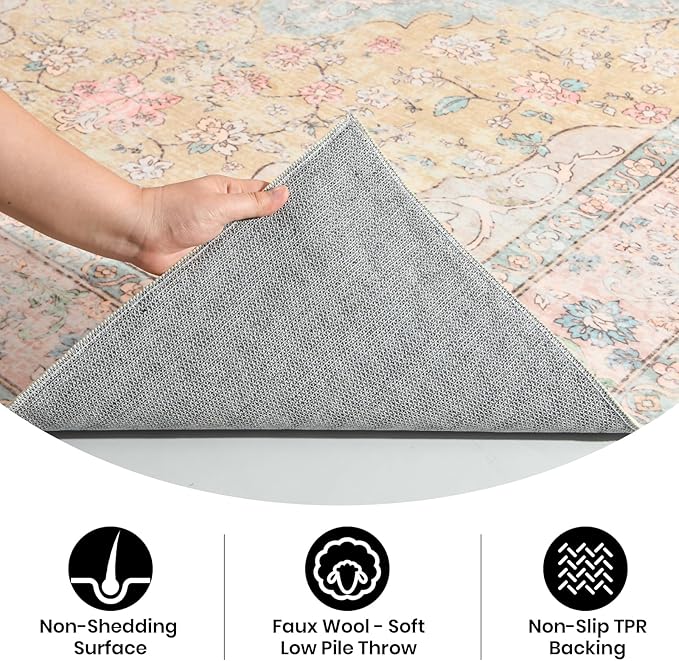 Area Rug – 6x9 Washable Ultra-Soft Vintage Boho Faux Wool Carpet for Living Room, Dining Room, Bedroom, Home Office (Cinnamon)