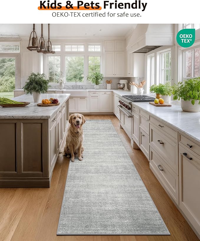 Art&Tuft Non-Slip Runner Rug - 2x12 Runner Rug Washable Low-Pile Rugs Runners, Soft Distressed Carpet Runner for Bedroom Bathroom Kitchen Laundry Living Room, Grey