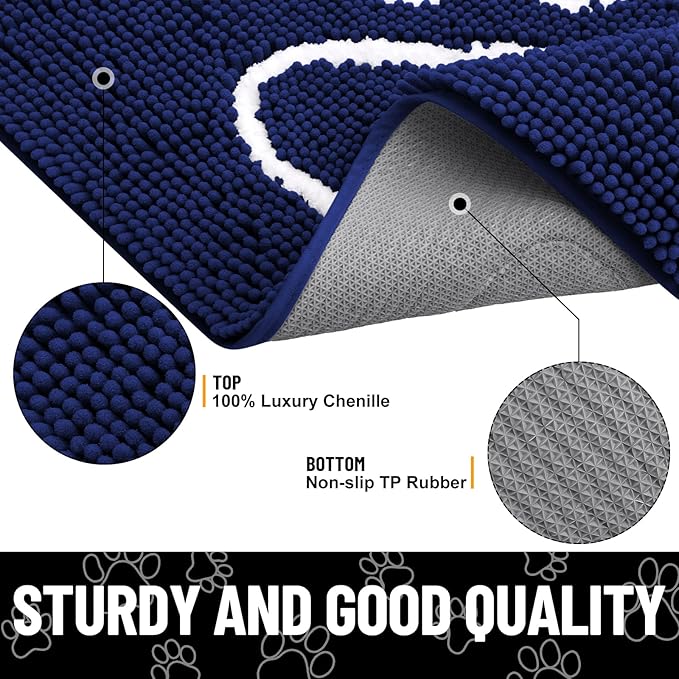 Smiry Dog Door Mat for Muddy Paws, Absorbent Dirt Trapper Non Slip Quick Dry Washable Chenille Mat for Mud Dogs, Entry Rug for Indoor and Outdoor (71x46 Inches,Navy Blue and White)