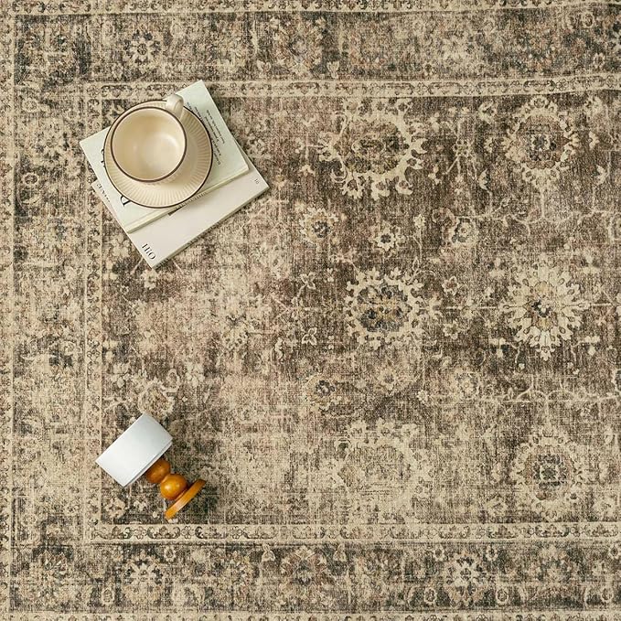 3x8 Washable Runner Rug for Kitchen Hallway Brown Vintage Non-Slip Low Pile Distressed Rustic Carpet Lightweight Vacuumable Soft Long Throw Rug for Indoor Entryway Bedroom