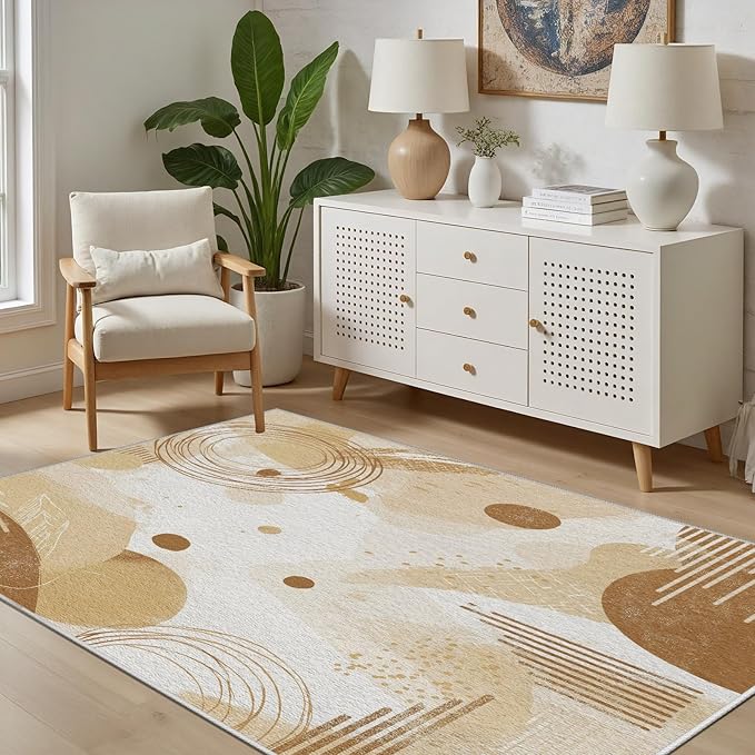 Minimalist Abstract Area Rug 3x4 Beige Boho, Modern Washable Geometric Art Carpet, Soft Non-Slip Low-Pile Carpet for Living Room, Bedroom, Kitchen, Dining Room, Pet Friendly, Non-Shedding, Brown