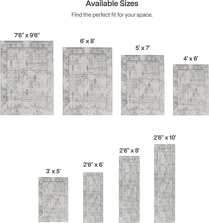 ReaLife Rugs Machine Washable Area Rug - Living Room Bedroom Bathroom Kitchen Entryway Office - Padded Low Pile Stain Resistant Premium - Boho Farmhouse Vintage - Noor - Ivory Grey 4' x 6'