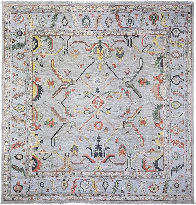Goose Gray Afghan Angora Oushak with All Over Colorful Pattern Vegetable Dyes Organic Wool Hand Knotted Square Oriental Rug (11'9"x11'9")