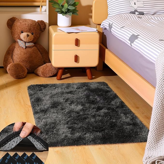 2x3 Rugs for Bedroom, Fluffy Small Area Rugs for Living Room, Soft Shag Fuzzy Carpet with 4 Non-Slip Stickers for Kids Boys and Girls Nursery Dorm Home Decor (Tie-Dyed Black Grey, 2ft x 3ft)