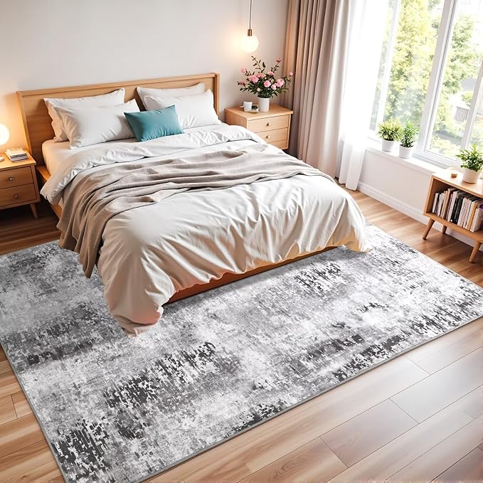 Washable Abstract Rug, 5x7 Modern Area Rugs with Non-Slip Rubber Backed for Living Room, Thin but Soft Contemporary Carpet Kitchen Bedroom Dining Room Decor, Dark Grey