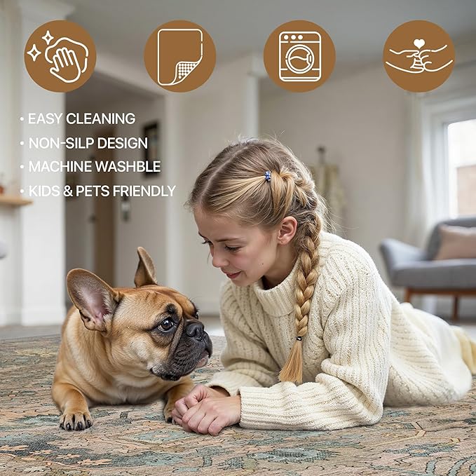 Bavni Area Rug 3x5, Non-Slip Washable Rugs for Living Room Office, Boho Distressed Printed Rug, Low Pile Foldable Decorative Carpet for Bedroom Kitchen Office, Olive Green