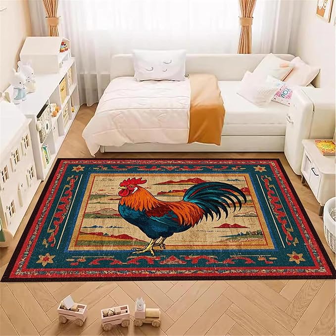 Vintage Rustic Rooster Area Rug ，6x8ft,Ethnic Design Colorful Mountains Geometric Pattern Print Rug，Low Pile Washable Rug Suitable for Farmhouse, Kitchen, Living Room, Bedroom Entryway