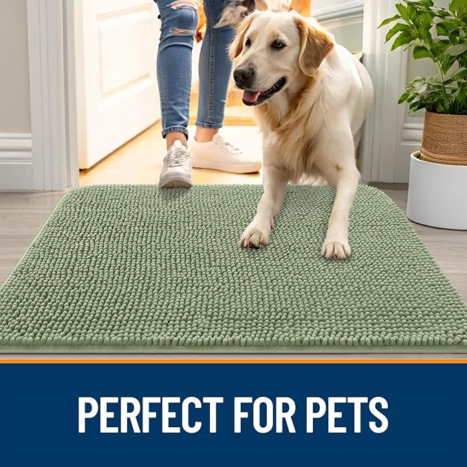 OLANLY Dog Door Mat for Muddy Paws 30x17, Absorbs Moisture and Dirt, Absorbent Non-Slip Washable Doormat, Quick Dry Chenille Mud Mat for Dogs, Entry Indoor Entryway Carpet for Inside Floor, Sage Green