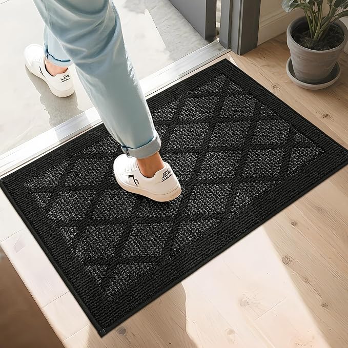 COSY HOMEER Non-Slip Door Mat 20"x32", Entryway Rugs Low Profile Absorbent Dirt Trapper Doormat for Front Entrance, Washable Polypropylene Entry Mat (Black)