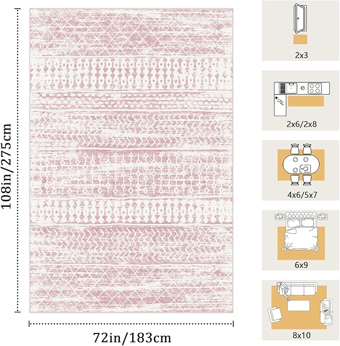 6x9 Machine Washable Area Rug for Living Room, Pink Vintage Moroccan Rug Large Non-Slip Low Pile Soft Faux Wool Carpet, Kids and Pets Friendly for Bedroom Dining Room Farmhouse Home Decor Rug
