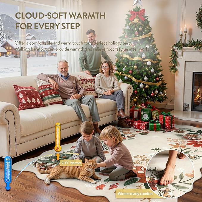 Lahome Floral Christmas Rugs for Living Room, 5x7 Christmas Area Rug for Bedroom Large Washable Carpet, Soft Stain Resistance Xmas Tree Carpets for Under Table Dining Room, Beige/Multi