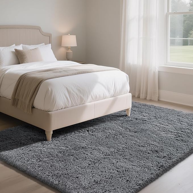 Fluffy Rug Shaggy Area Rug, Dark Grey 8x10 Area Rugs for Living Room, Large Shag Area Rugs for Bedroom Kids Room Home Decor, Upgrade Anti-Skid Rectangular Fuzzy Rugs