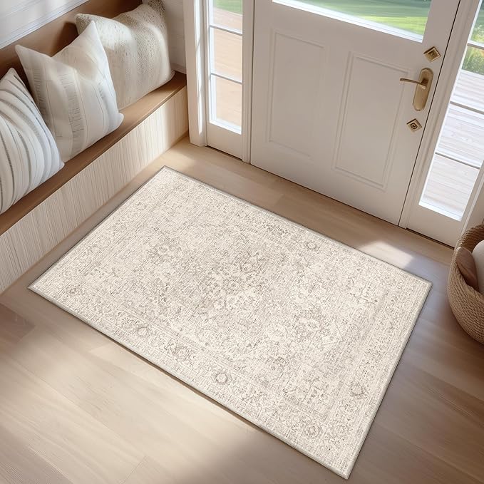 FMFUNCTEX Entryway Rug 2x3 Washable Beige Vintage Distressed Oriental Door Mat Non Slip Low Pile Indoor Carpet Soft Retro Small Throw Area Rugs for Entry Way Entrance Bedroom Kitchen Bathroom Laundry