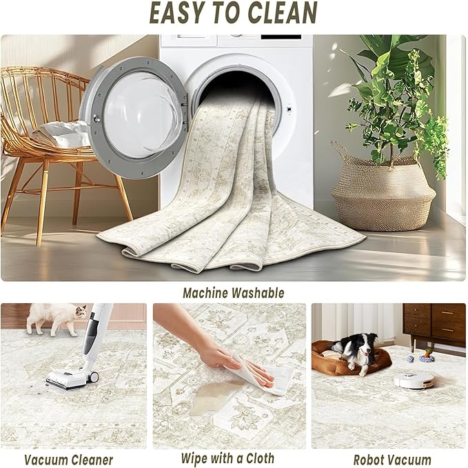 5x7 Area Rugs Washable Rugs for Living Room, Vintage Boho Rug Non-Slip Soft Floral Distressed Rug Low Pile Stain Resistant Carpet for Bedroom Nursery Office Dining Room Farmhouse Dorm(Beige, 5'x7')