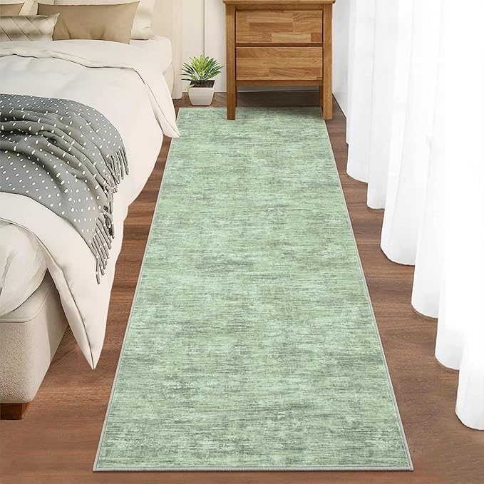 RUGSREAL Modern Runner Rug 2.5x8 Stain Resistant Washable Kitchen Runner Carpet ith Rubber Backing Low Pile Contemporary Solid Color Entryway Mat Ultra Soft Rug for Living Room Bedroom, Green