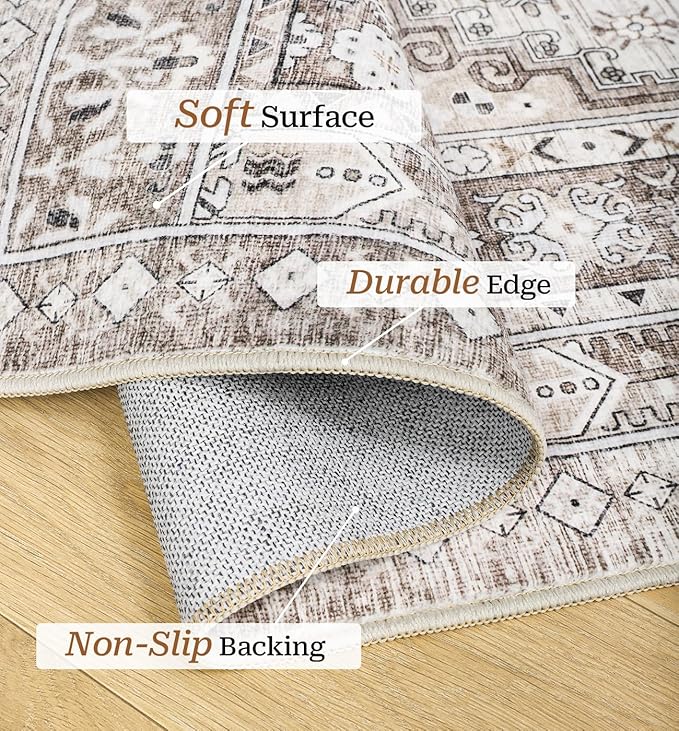 zesthome 7x9 Area Rug, Super Soft Washable Rugs for Living Room, Non-Slip Stain Resistant Vintage Rugs, Ultra-Thin Large Area Rugs (Brown/Beige,7'x9')